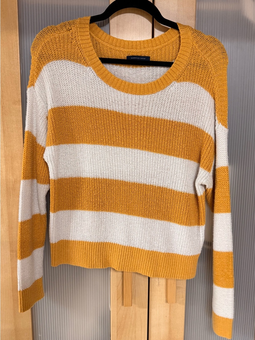 American Eagle Outfitters Mustard Yellow & White Striped Crewneck Sweater